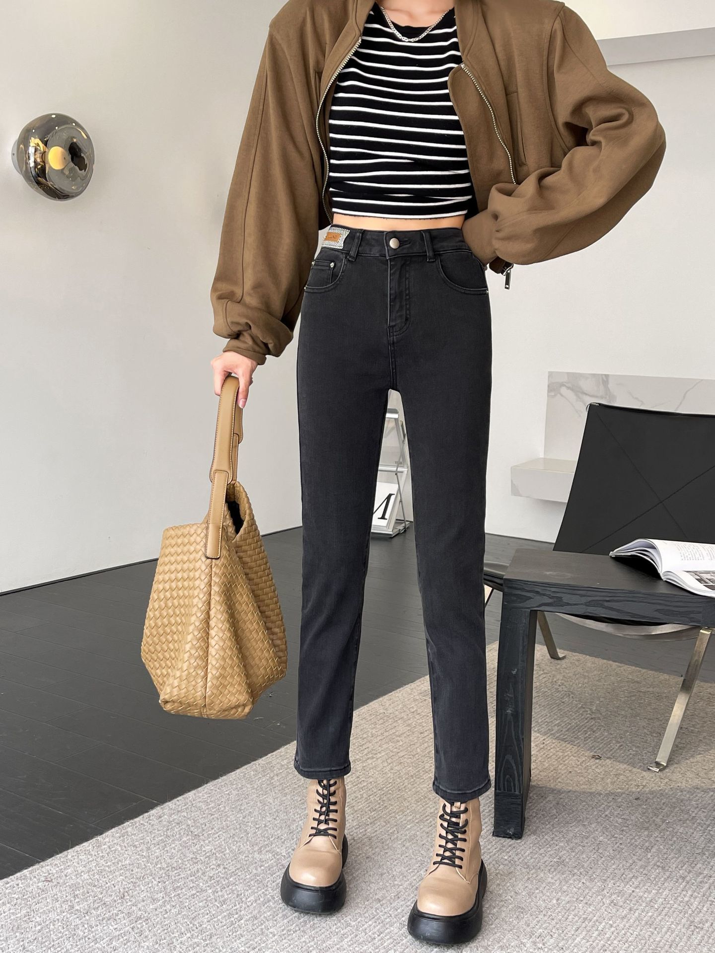 Women's Jeans Straight leg denim women's 2023 autumn Korean version medium high waisted elastic slim cropped straight pants 230821