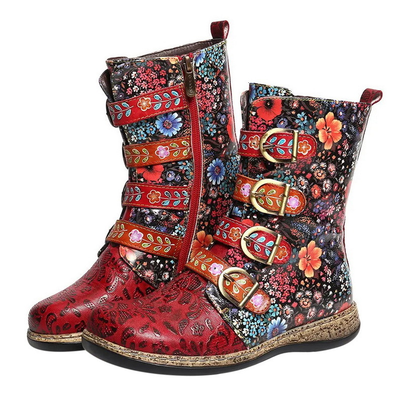 Boot Boot Retro Printed Metal Buckle Leather Zipper Mid Calf Fashion Ladies Shoes Female Botines Mujer 230821