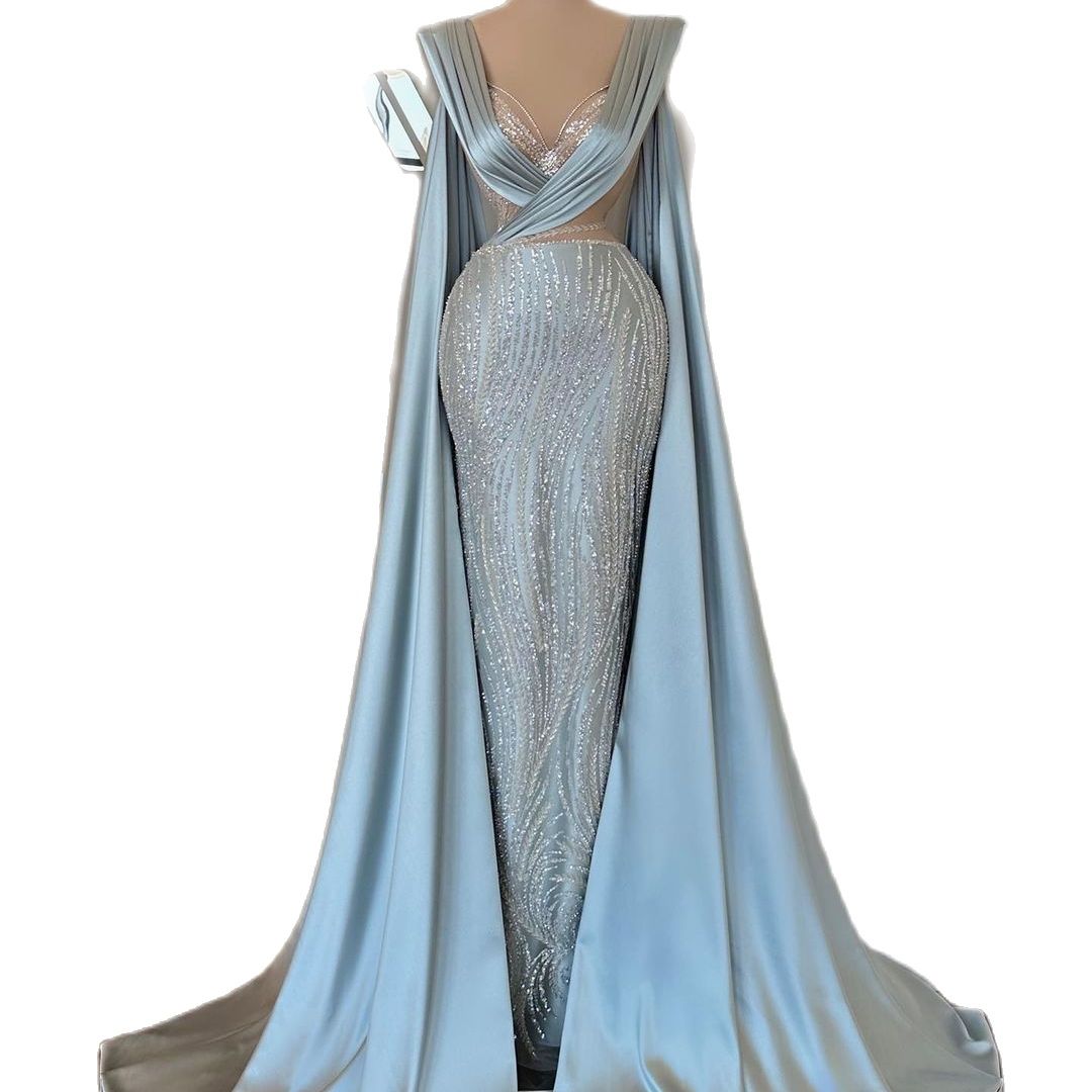 Fashion Sky Blue Mermaid Formal Evening Prom Dresses V Neck Sparkly Sequined Floor Length Lace Illusion Luxury Ladies Gown