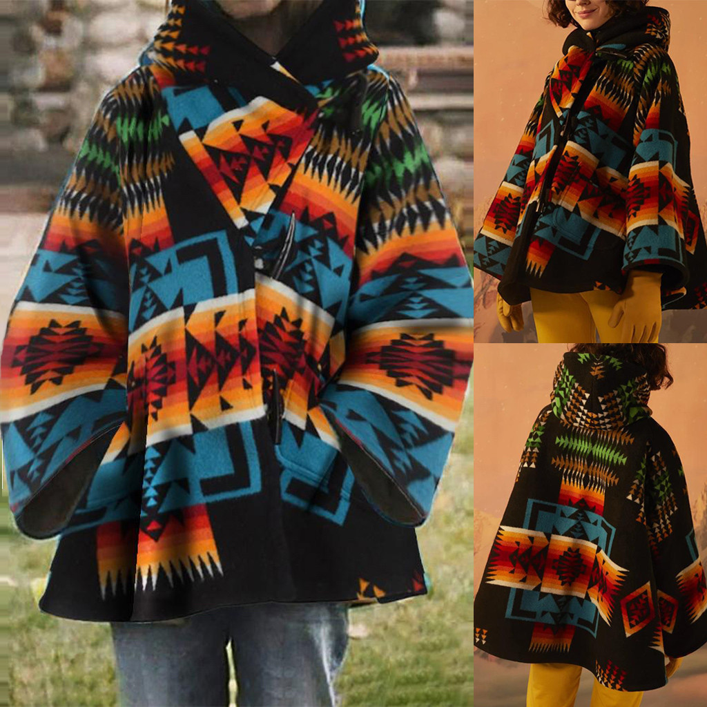 Womens Wool Blends fashion Casual Retro Printed Long Sleeve Hooded Jacket Coat Claw Button loose woolen Autumn winter warm jack 230818