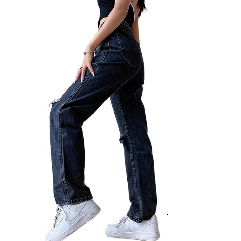 Women's Jean Fashion Denim Casual Straight Leg Hole Jeans Bottom Harajuku Boyfriend Long High Waist Baggy Wide Pants Vaqueros 230821