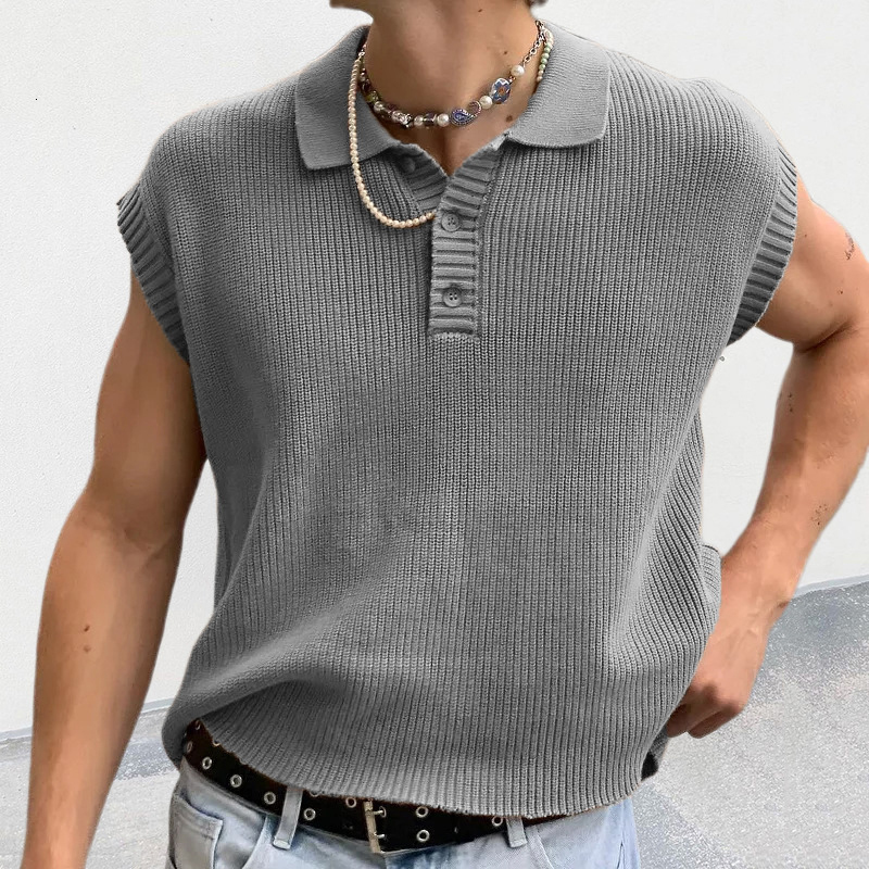 Men's Hoodies Sweatshirts Leisure Solid Knitting Tops Men Sleeveless Buttoned Turn-down Collar Knit Vest Shirts Spring Summer Men's Clothing
