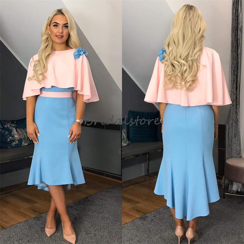 Dubai Arabic Pink Blue Evening Dress With Cape Wrap Contrast Maxi Holiday Prom Dress 2023 Short Cocktail Formal Party Wear Women Birthday vestidos de 