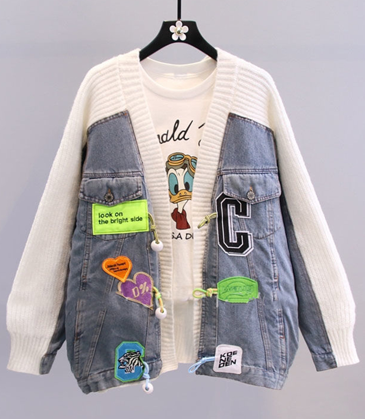 Womens Knits Tees AZYT Spring Denim Patchwork Sweater Cardigan Female y2k Tops V Neck Loose Woman Coat Embroidery Knitwear 230818