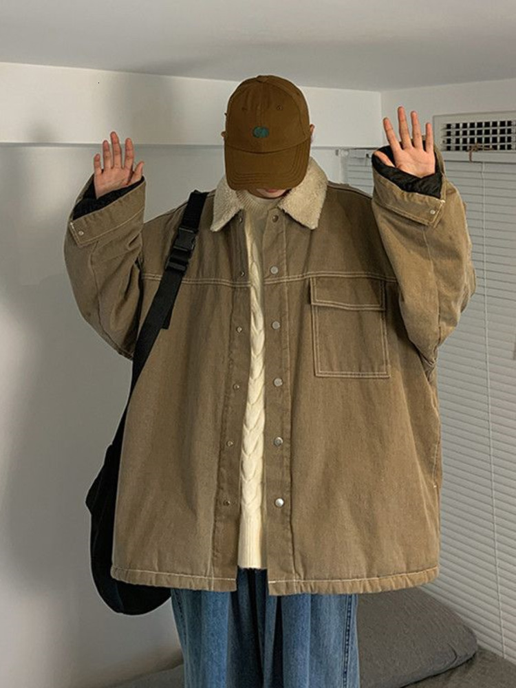 Men's Jackets Winter Coat Fleece Men's Thicken Casual Loose Handsome Lamb Velvet Jacket Harajuku Trend Cotton Padded Parkas Y2k Streetwear T