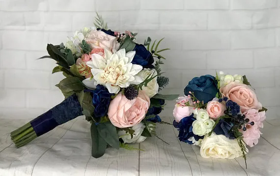 Navy Blue Bridal Bouquet Blush Rose Peony Bridesmaid Wedding Flowers Mariage Accessory Party Decoration de noviaZZ