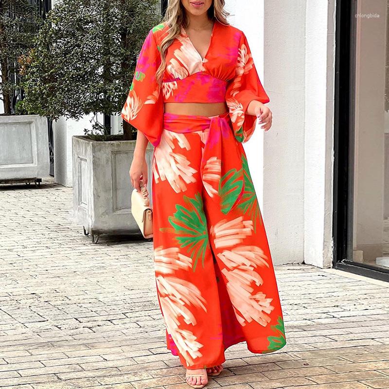 Women's Two Piece Pants Sets Women 2023 Autumn V Neck Print Shirt Wide Leg High Waist Elegant Casual Suit Set Office Lady 2 Pieces