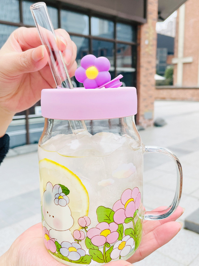 The latest 26oz flower and rabbit glass straw coffee mug, many style choices, support customization of any logo