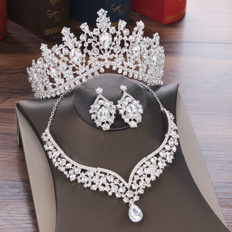 Earrings Necklace KMVEXO Gorgeous Crystal AB Bridal Jewelry Sets Fashion Tiaras Earrings Necklaces Set for Women Wedding Dress Crown Jewelry Set 23081