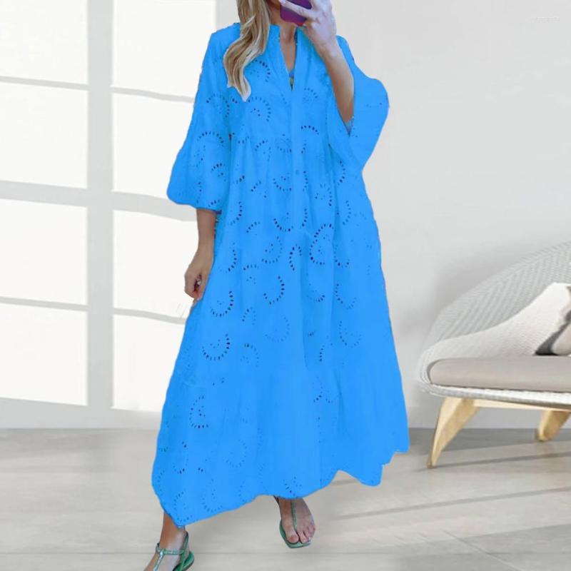 Casual Dresses Women Solid Color Embroidery Lace Maxi Dress Loose V-neck 3/4 Flared Sleeve Sexy Hollow Out Half Placket Ruffle Hem Long