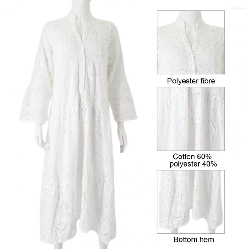 Casual Dresses Women Solid Color Embroidery Lace Maxi Dress Loose V-neck 3/4 Flared Sleeve Sexy Hollow Out Half Placket Ruffle Hem Long