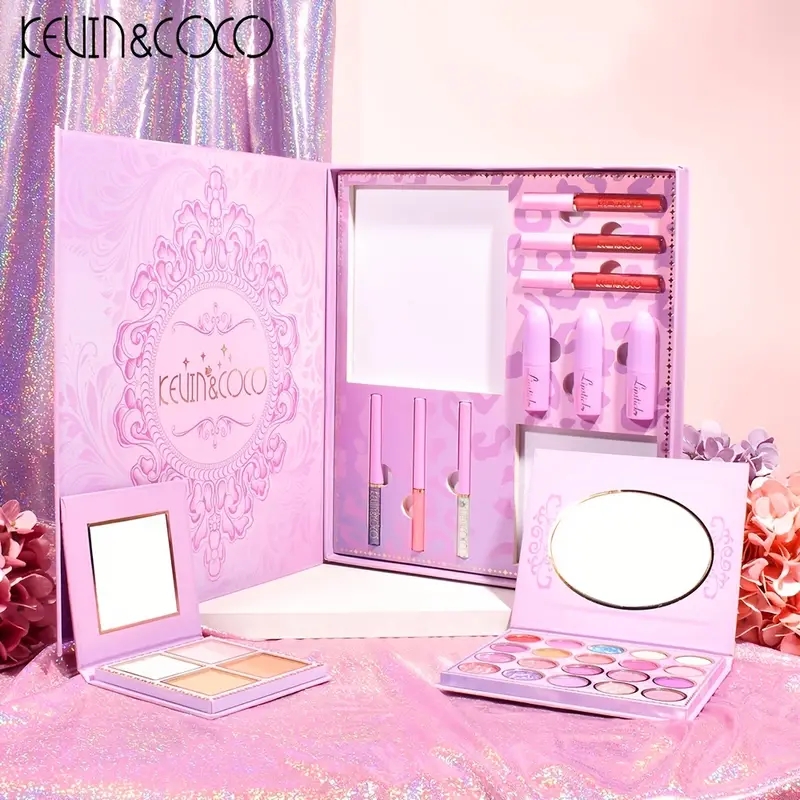 KEVIN&COCO 24 Color Eyeshadow Tray Shining Light Eyeshadow Velvet Moisturizing Lip Glaze Lipstick Concealer Eyeliner Anime Makeup Box