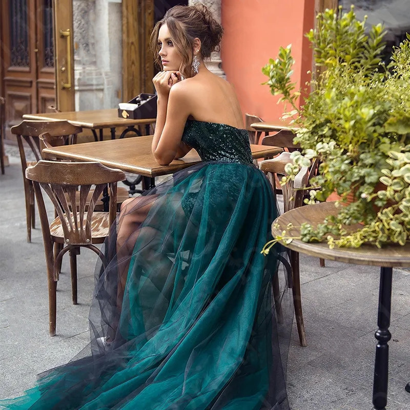Sexy Sequined Evening Dresses Strapless Formal Party Gowns Plus Size Two Pieces Prom Dress Aso Ebi 6660306
