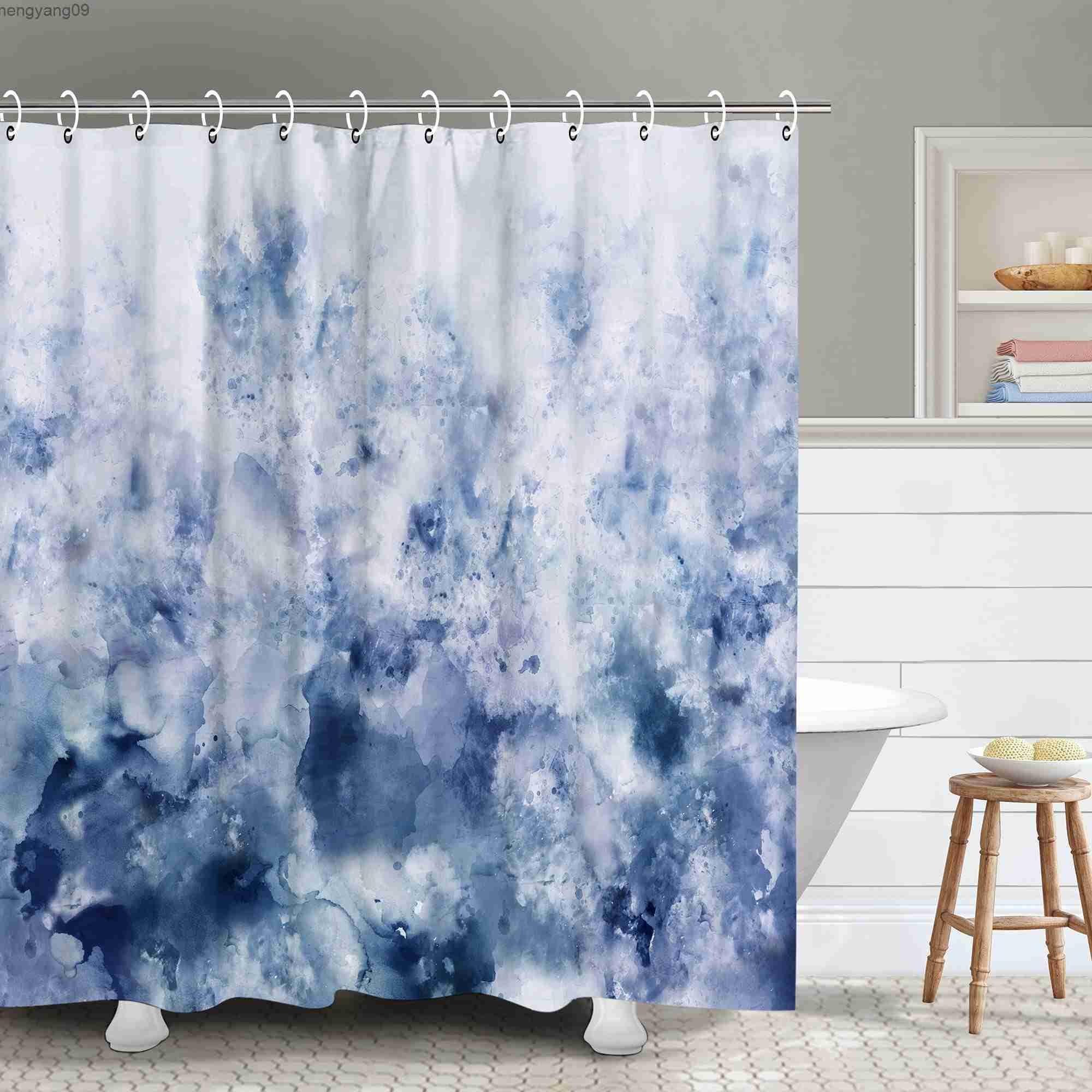 Shower Curtains Abstract Watercolor Blue Shower Curtain Ocean Silver Gray Cold White Modern Art Painting Home Bathroom Decor Waterproof Fabric R230821