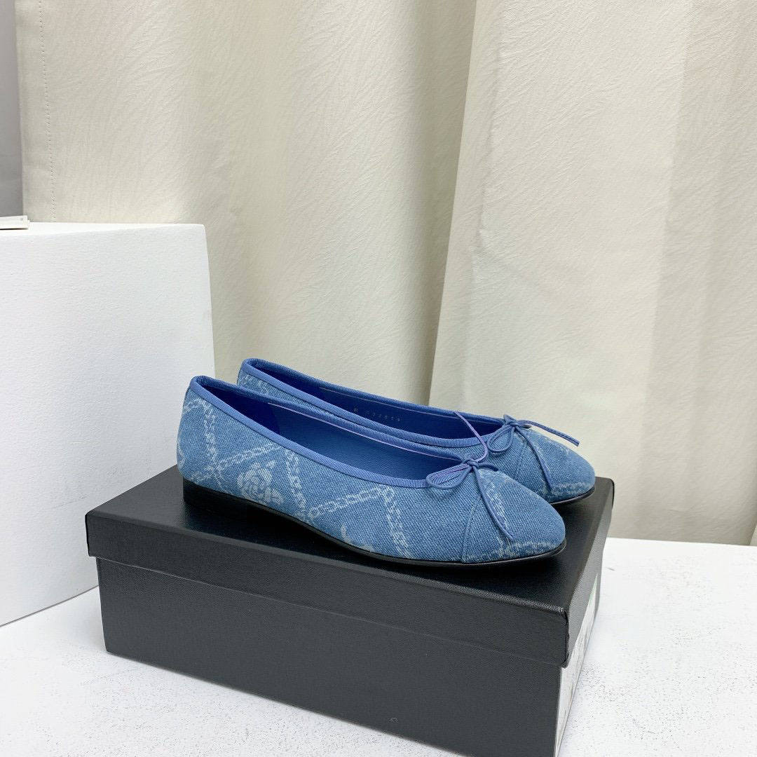 New Bowtie Denim Ballet shoes leather Round toe cap heels flats for grils women's Luxury Designers Top quality Casual Dress shoes factory footwear Size 35-43 with box