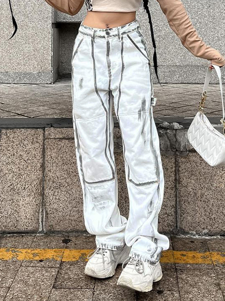 Women's Jeans Cuteandpsycho Streetwear Chic Print Denim for Women Fashion High Waisted Straight Bottoms Aesthetic Casual Y2K 90s s 230821