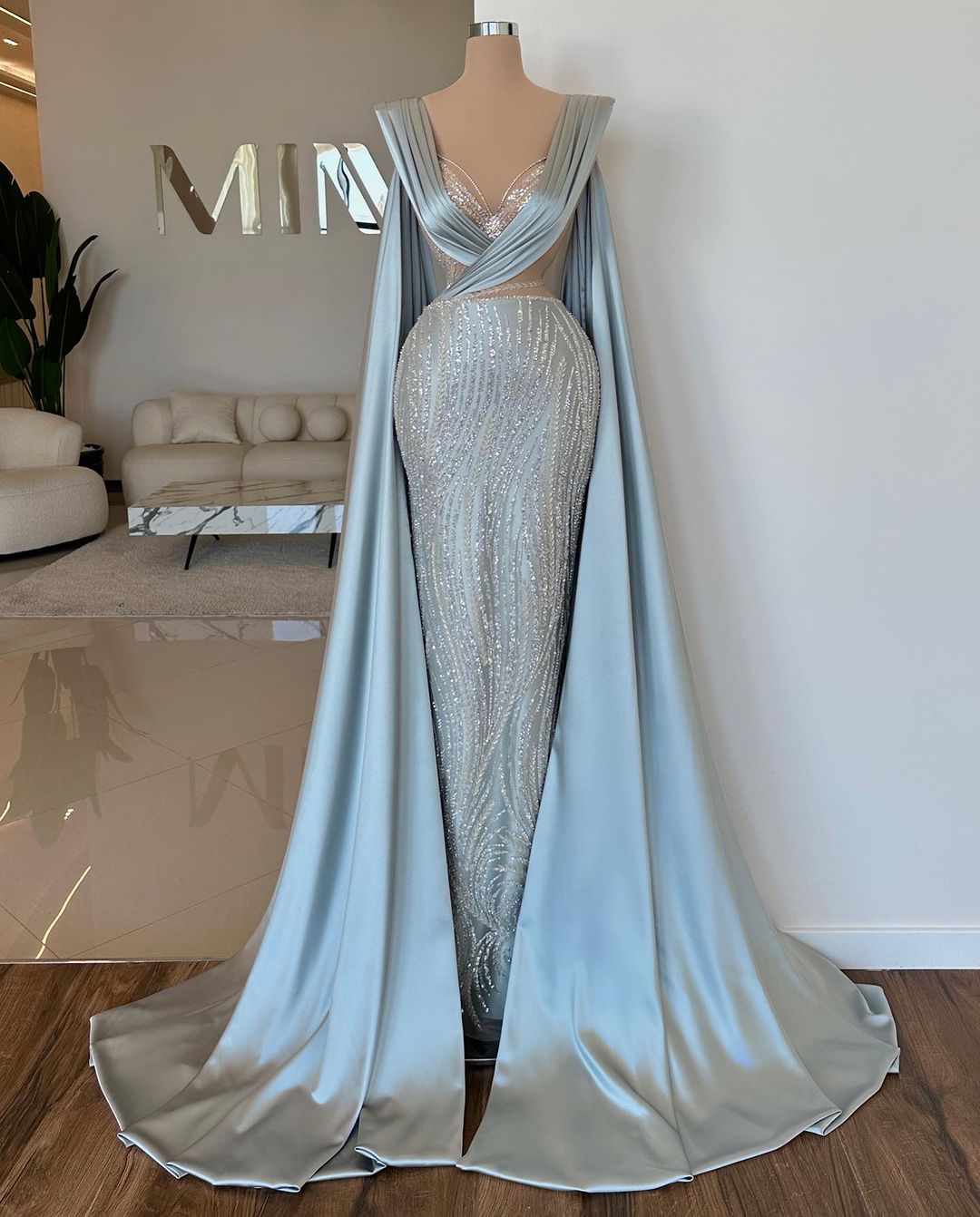 Fashion Sky Blue Mermaid Formal Evening Prom Dresses V Neck Sparkly Sequined Floor Length Lace Illusion Luxury Ladies Gown