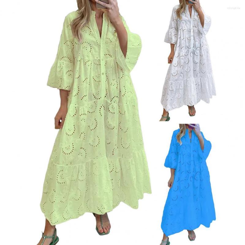 Casual Dresses Women Solid Color Embroidery Lace Maxi Dress Loose V-neck 3/4 Flared Sleeve Sexy Hollow Out Half Placket Ruffle Hem Long
