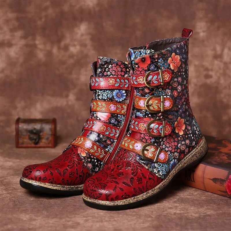 Boot Boot Retro Printed Metal Buckle Leather Zipper Mid Calf Fashion Ladies Shoes Female Botines Mujer 230821