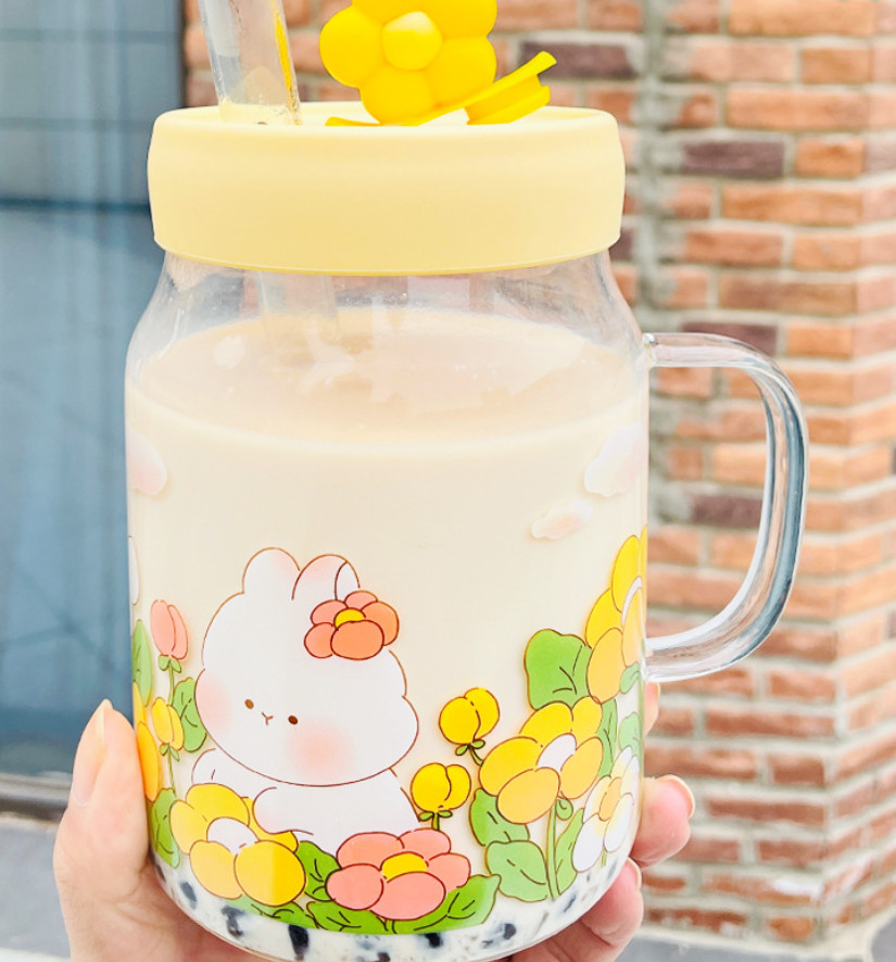 The latest 26oz flower and rabbit glass straw coffee mug, many style choices, support customization of any logo