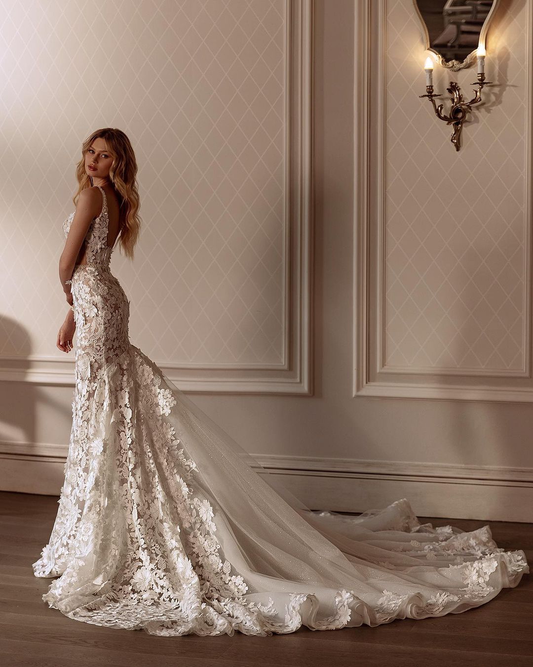 Mermaid Wedding Dress Sexy 3D-Flowers New Backless Square Collar Bridal Gowns Sweep Train Robe Vestido De Noiva Custom Size D-H23289