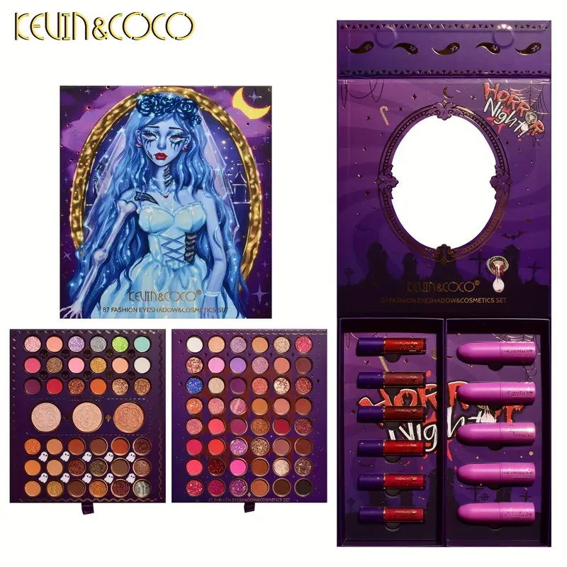 87 Colors Eyeshadow Set Box Halloween Moonlight Zombie Bride Set Box Pearly Matte Finish Bright Color Eyeshadow Velvet Lip Glaze Makeup Set