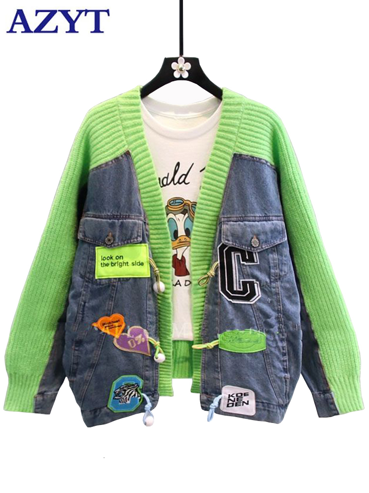 Womens Knits Tees AZYT Spring Denim Patchwork Sweater Cardigan Female y2k Tops V Neck Loose Woman Coat Embroidery Knitwear 230818