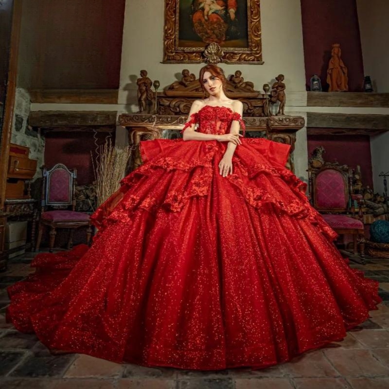 Red Shiny Off The Shoulder Beaded Lace Appliques Quinceanera Dresses For Girl Ball Gown Dress For Sweet 15 16 Sweetheart vestidos