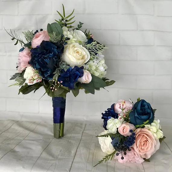 Navy Blue Bridal Bouquet Blush Rose Peony Bridesmaid Wedding Flowers Mariage Accessory Party Decoration de noviaZZ