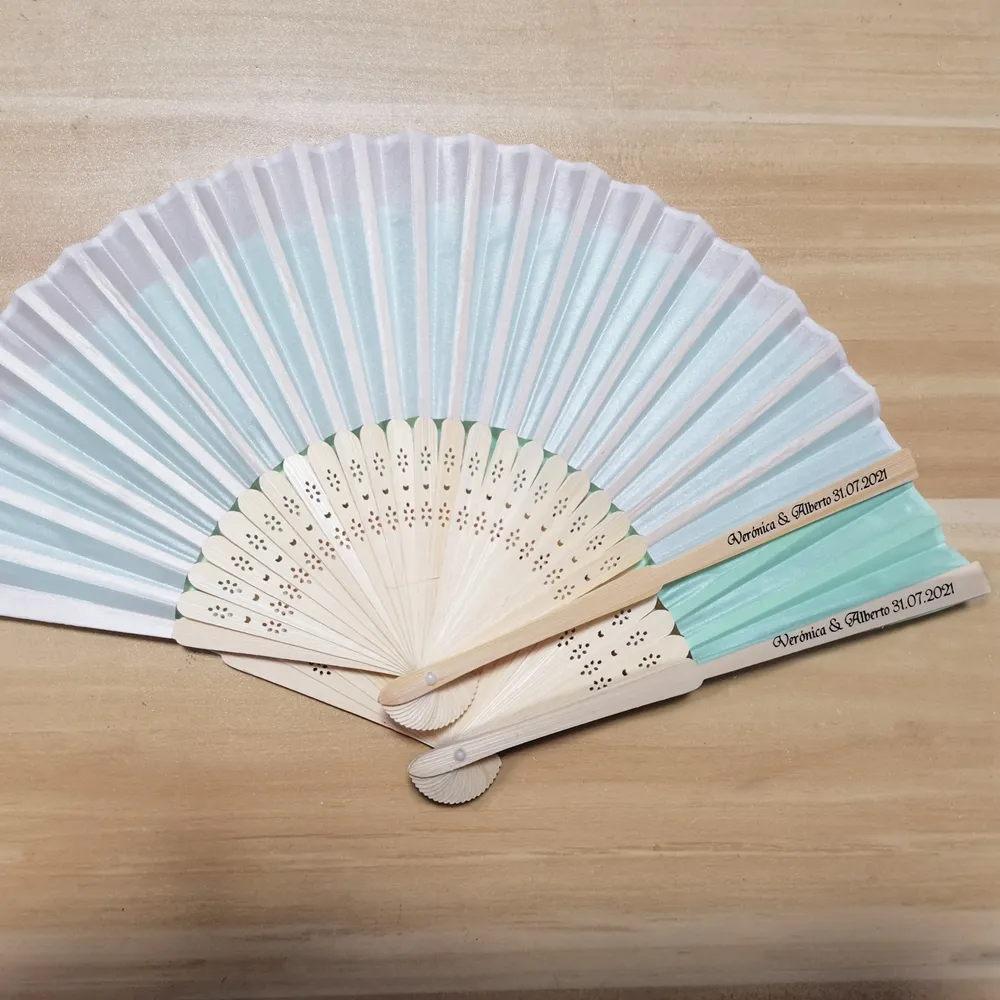 40 pcslot Personalized Print Engrave Wedding Favor Silk Fan Customized Name Cloth Hand Fan GiftZZ