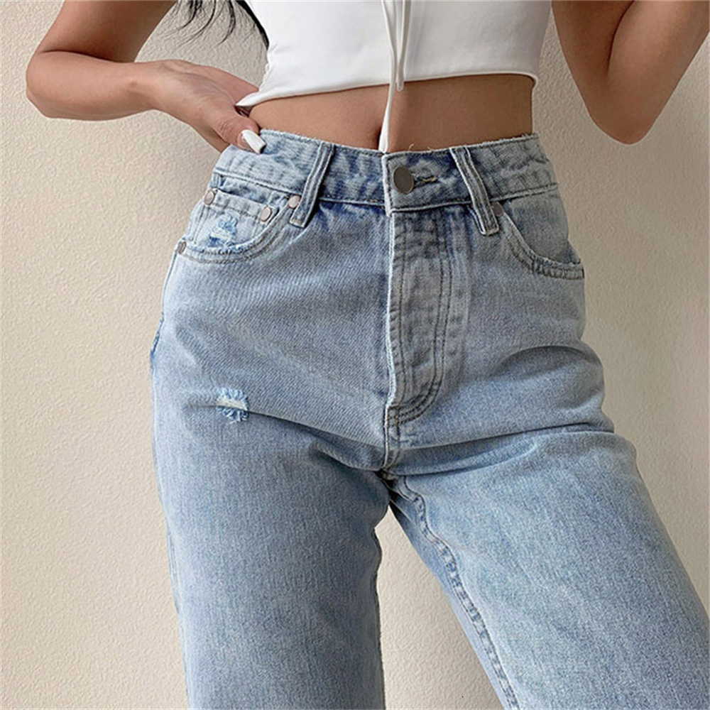 Women's Jean Fashion Denim Casual Straight Leg Hole Jeans Bottom Harajuku Boyfriend Long High Waist Baggy Wide Pants Vaqueros 230821