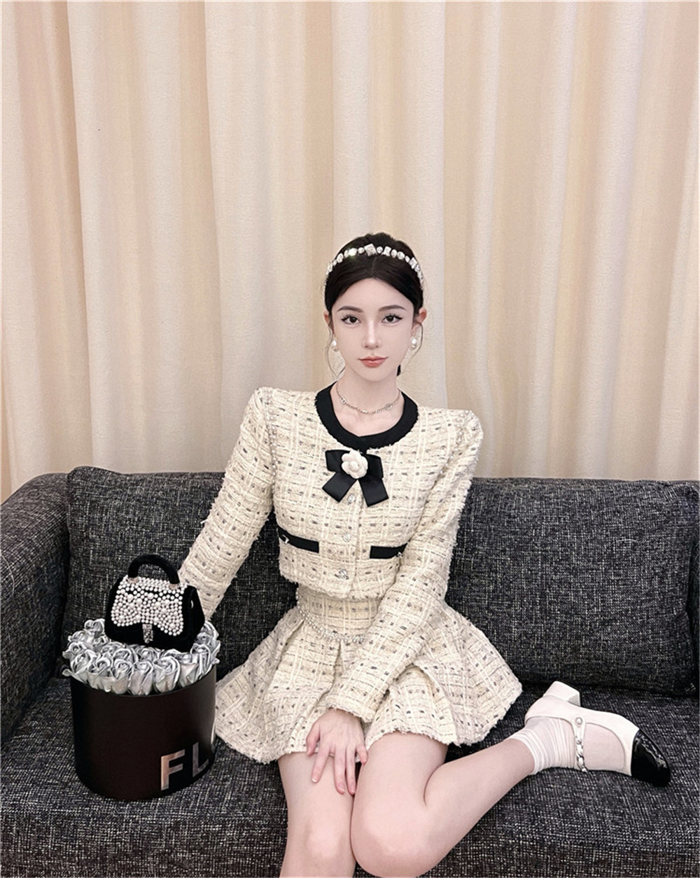 Two Piece Dress 2023 Women Short Bowknot Beading Tweed Woolen Coat and High Waist Pleated Skirts 2pcs Set Female Outfits Pieces Suits 230818