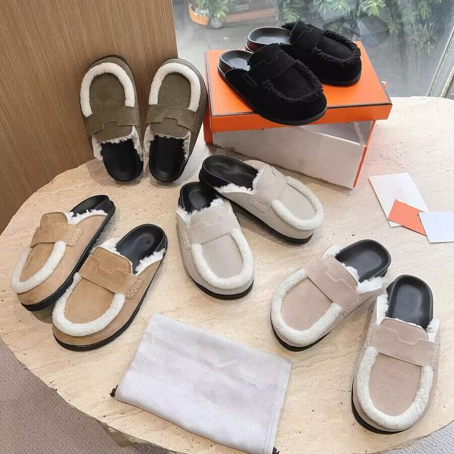 Designer fur Clogs muels Sandals Flat Fashion Summer Leather Suede Slide Slippers Favourite Beach Casual Shoes Women Men 35-44