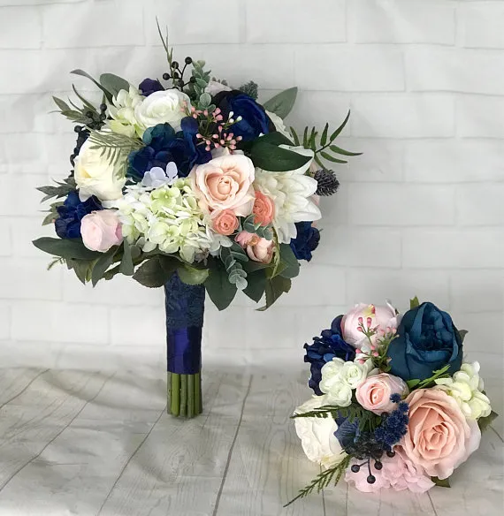 Navy Blue Bridal Bouquet Blush Rose Peony Bridesmaid Wedding Flowers Mariage Accessory Party Decoration de noviaZZ