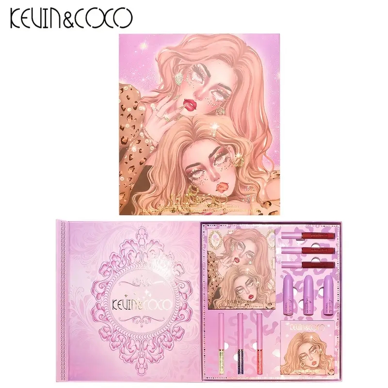 KEVIN&COCO 24 Color Eyeshadow Tray Shining Light Eyeshadow Velvet Moisturizing Lip Glaze Lipstick Concealer Eyeliner Anime Makeup Box