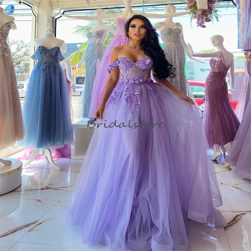 Beautiful Lilac Floral Evening Dress 2023 Elegant Off Shoulders Lace Prom Dress A Line Tulle Formal Birthday Party Gowns Occasion Vestidos De Fiesta R