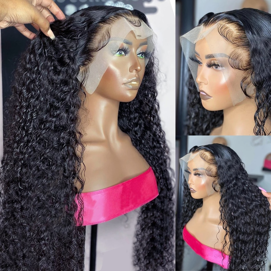 250 Density Brazilian Curly Lace Front Wig Human Hair 13x4 Kinky Curly Lace Frontal Wig Deep Wave Transparent Lace Wigs Synthetic