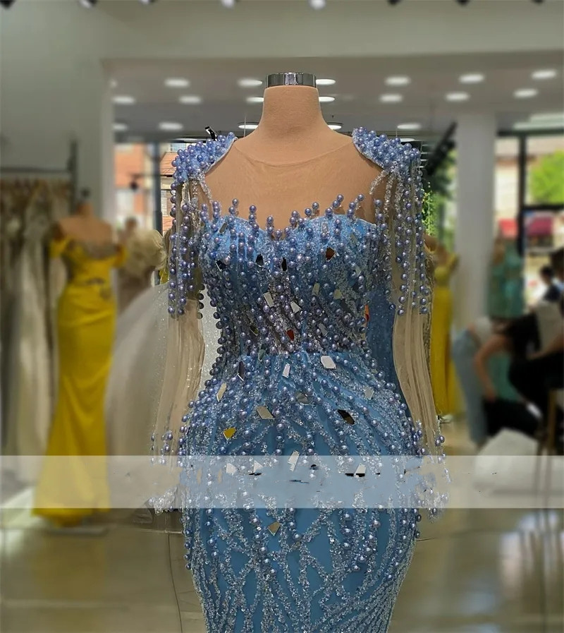 Long 2023 Mermaid Evening Sleeves Beading Crystals Pearls Special Ocn Dress Prom Party Gowns Robes De Soiree