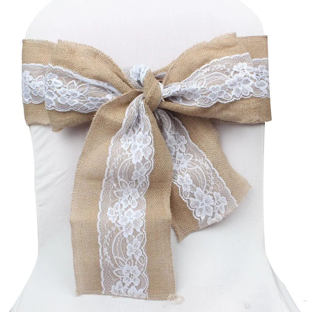 Lace Bowknot Burlap Chair Sashes Natural Hessian Jute Linen Rustic Chair Cover Tie Bowknot for Wedding Decor DIY CraftsZZ