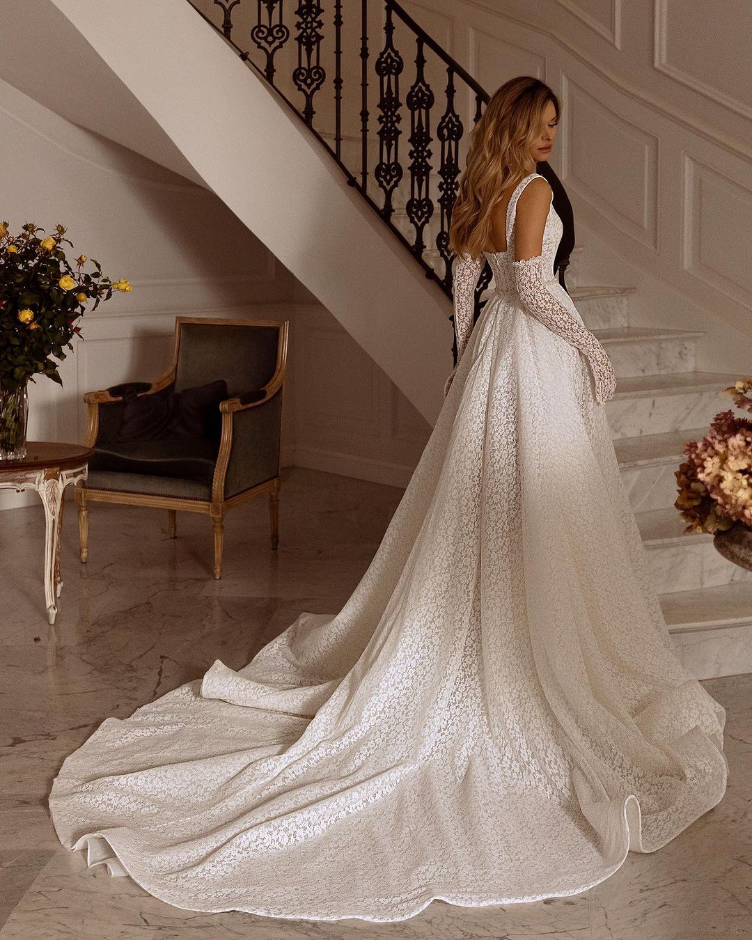 Customized Classic Floral Mermaid Wedding Dress New Backless Square Collar Bridal Gowns Detachable Train Robe Vestido De Noiva D-H23284