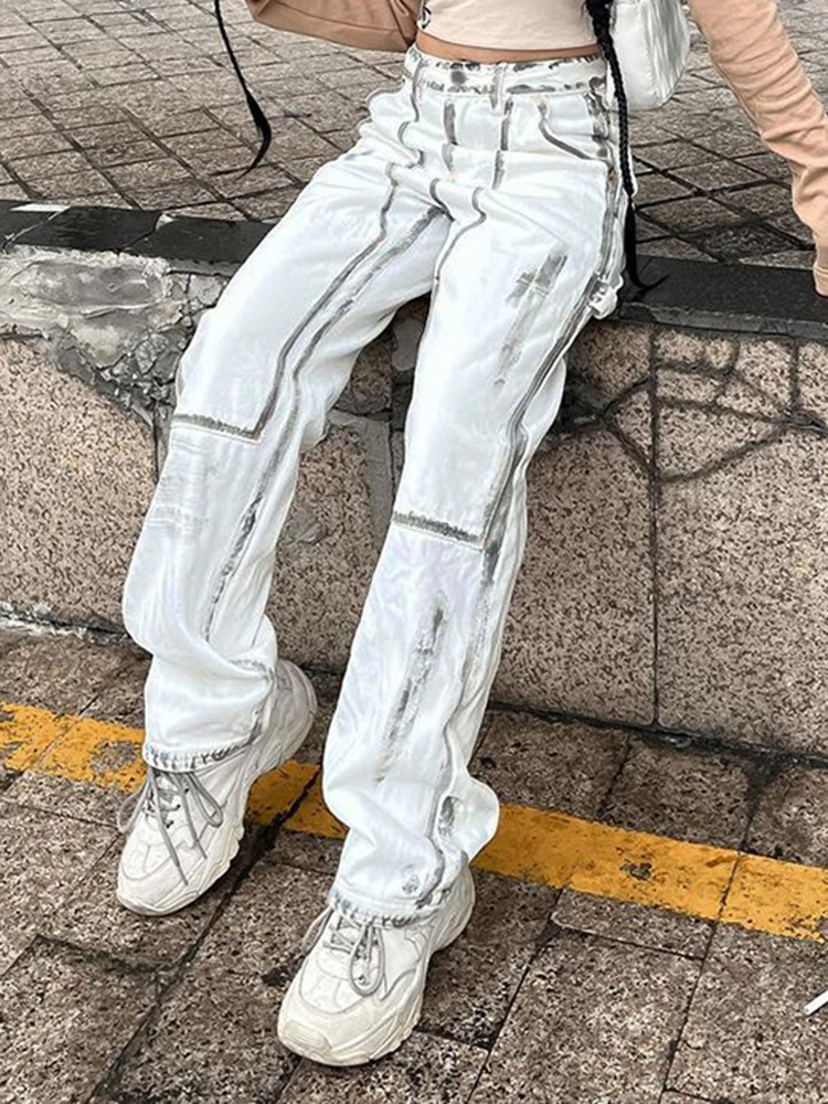 Women's Jeans Cuteandpsycho Streetwear Chic Print Denim for Women Fashion High Waisted Straight Bottoms Aesthetic Casual Y2K 90s s 230821