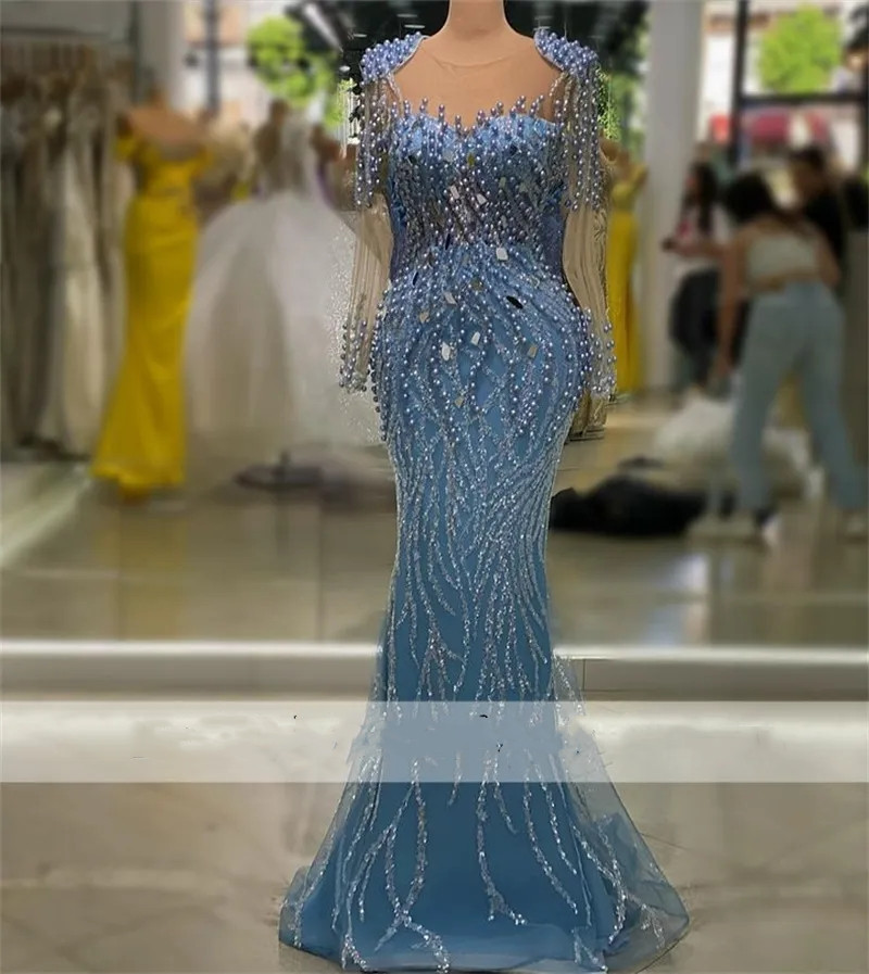Long 2023 Mermaid Evening Sleeves Beading Crystals Pearls Special Ocn Dress Prom Party Gowns Robes De Soiree