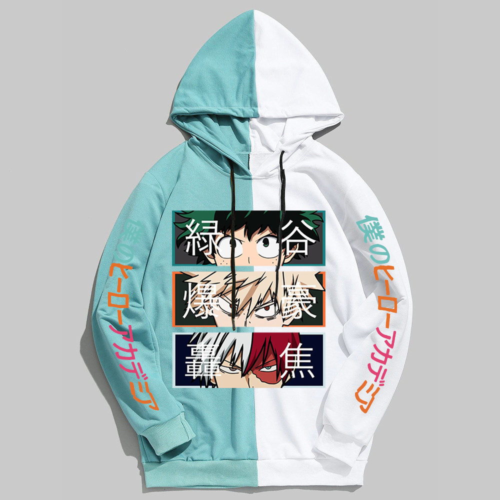 Men's Hoodies Sweatshirts Anime My Hero Academia Hoodies Cool So Todoroki Bakugou Deku Pullover Hooded Sweatshirt Patchwork Men's Long Sleev