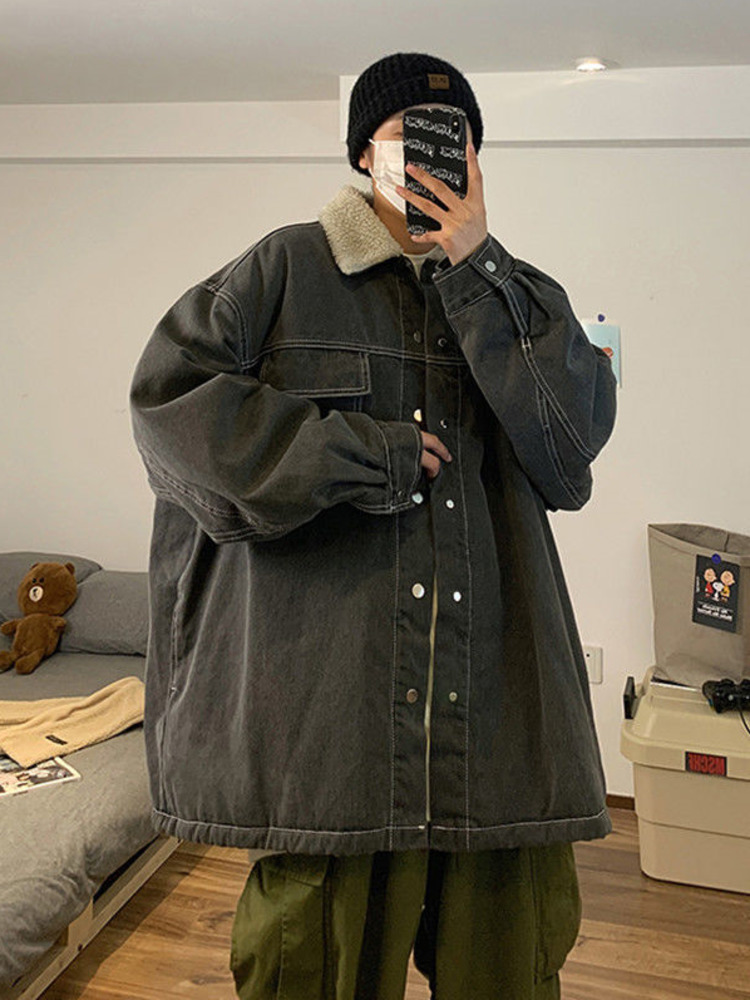 Men's Jackets Winter Coat Fleece Men's Thicken Casual Loose Handsome Lamb Velvet Jacket Harajuku Trend Cotton Padded Parkas Y2k Streetwear T