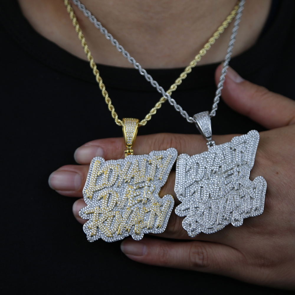 Pendant Necklaces Iced Out Bling CZ Letter Loyalty Over Royalty Pendant Necklace Cubic Zirconia Two Tone Color Charm Men Women Hip Hop Jewelry 230821