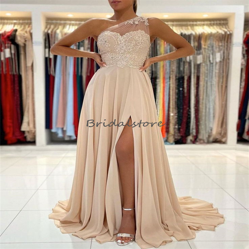 Chic One Shoulder Champagne Evening Dress 2023 High Slit Chiffon Boho Prom Dress Top Lace Formal Wear Vestidos De Fiesta mujeres Holiday Birthday Robe