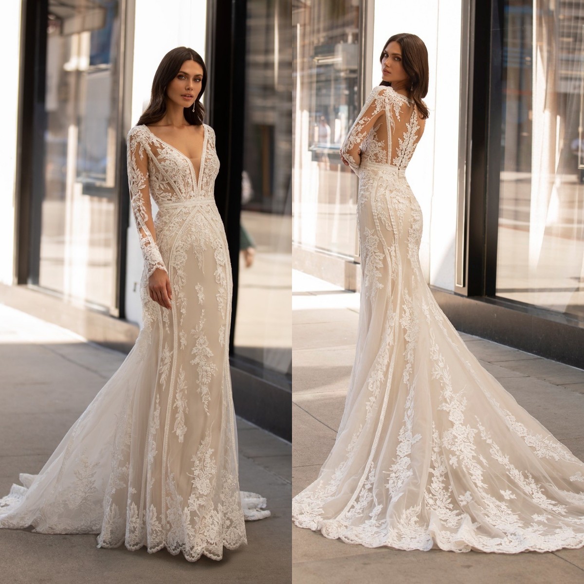 Elegant Lace Mermaid Wedding Dresses Bride Gowns Lace Appliqued Long Sleeve Sweep Train V Neck Bride Dress