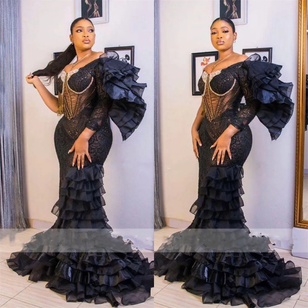 Mermaid Ebi Beaded Aso Evening Dresses For Black Girl Formal Party Gowns Ruffles One Shoulder Prom Dress Mal 0219