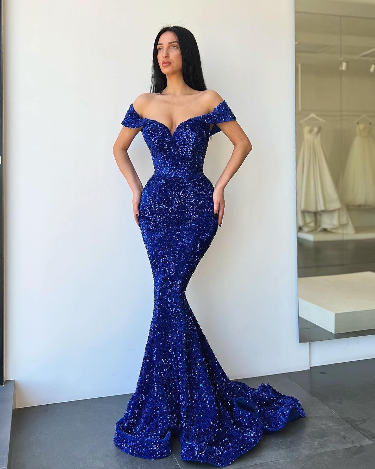 Royal Blue Mermaid Prom Dresses Sequins Off Shoulder Evening Backless Formal Long Special Ocn Party Dress 0228Lz