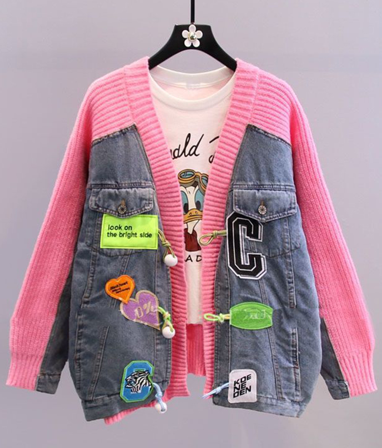 Womens Knits Tees AZYT Spring Denim Patchwork Sweater Cardigan Female y2k Tops V Neck Loose Woman Coat Embroidery Knitwear 230818